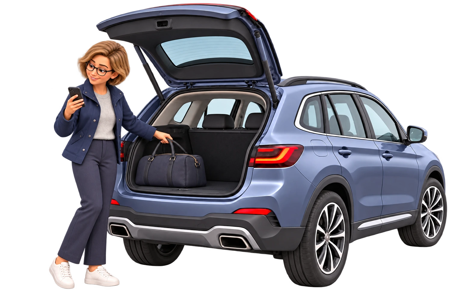 Lena mit ihrem Auto bei der Vorbereitung ihrer Fahrt