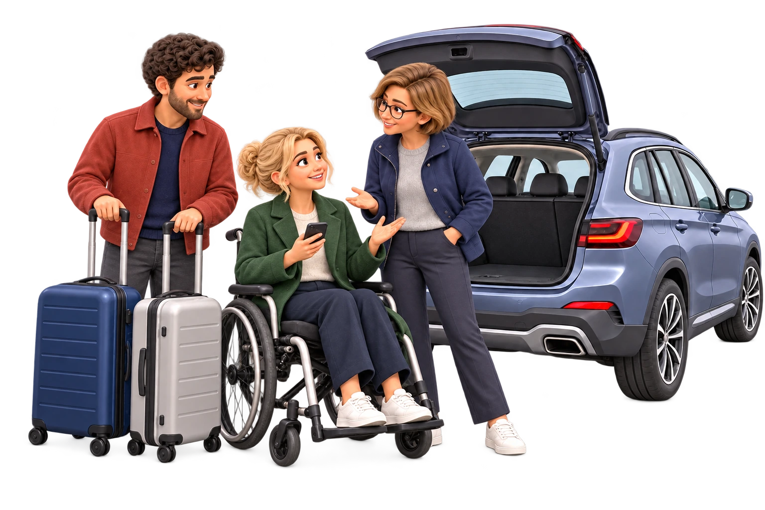 Max und Anna mit Gepäck treffen ihre Fahrerin Lena am Auto