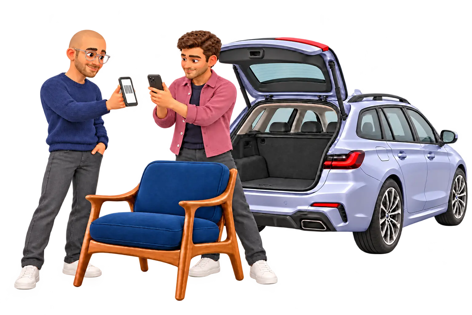 Philipp und Tom bestätigen die Abholung von Sophies Sessel vor dem Auto